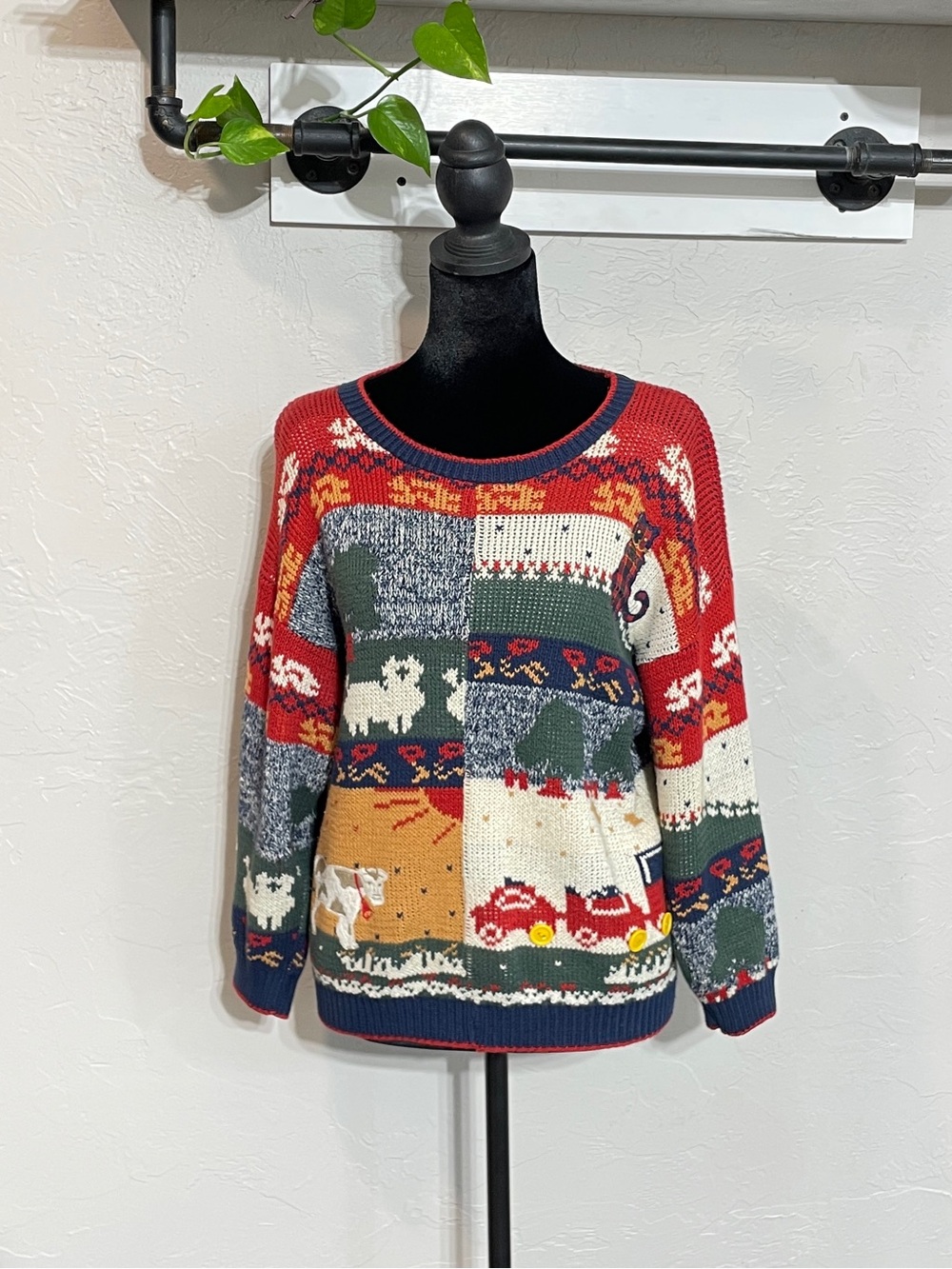Vintage 80s Sweater Loft Cat Cow Farm Knit Sweater Women's Small Petite Red